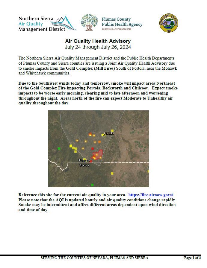 UPDATED 7.24.24 Plumas County Air Quality Health Advisory Gold Complex Fire pg 1