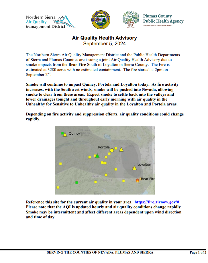 NORTHERN SIERRA AIR QUALITY MANAGEMENT DISTRICT Health Advisory Bear Fire Sept 5 2024 pg 1